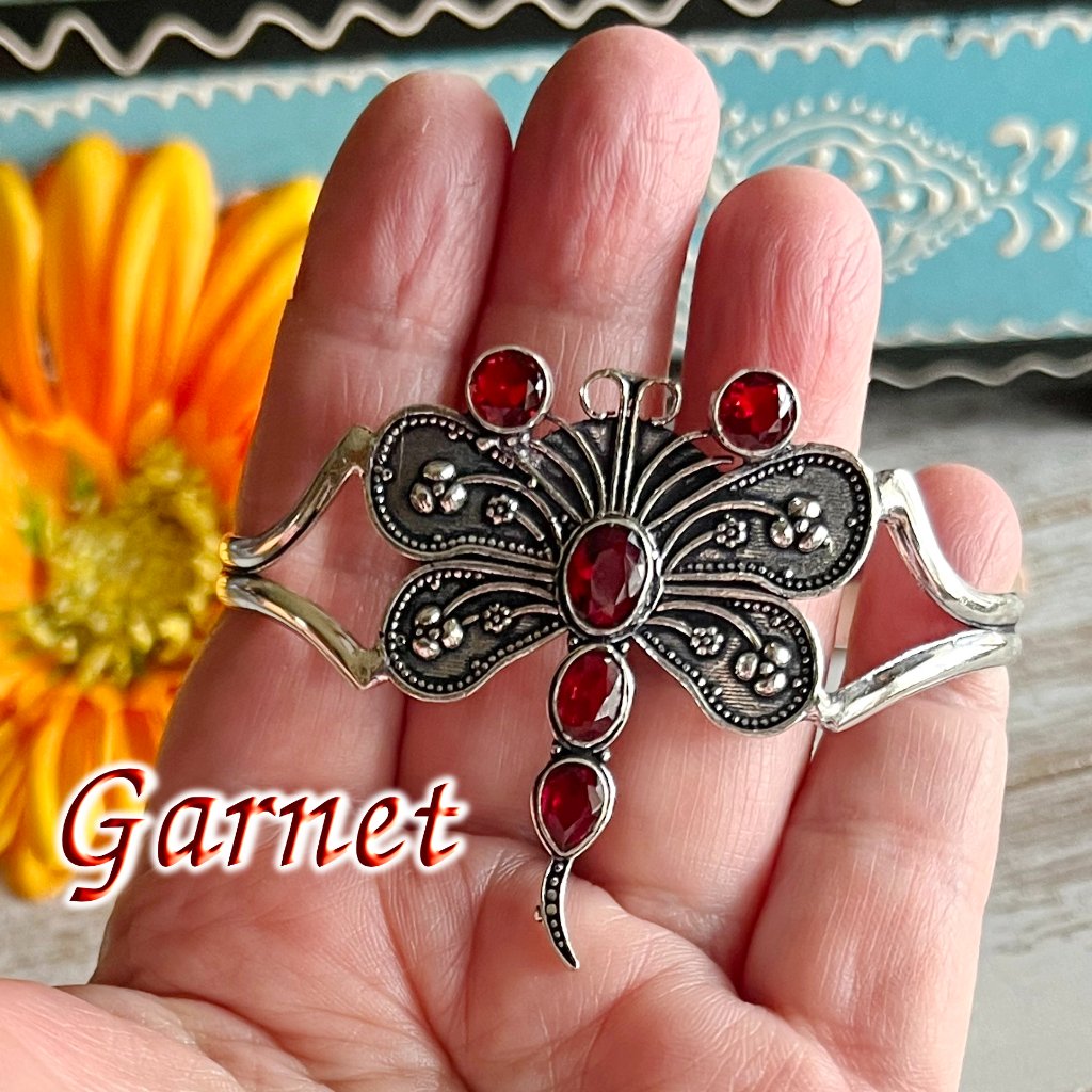 Garnet Moth Bangle Bracelet Cuff Handmade Stone Gemstone Crystal 925 Silver New!